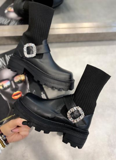 STRETCH ANKLE BOOTS WITH BROOCH - BLACK