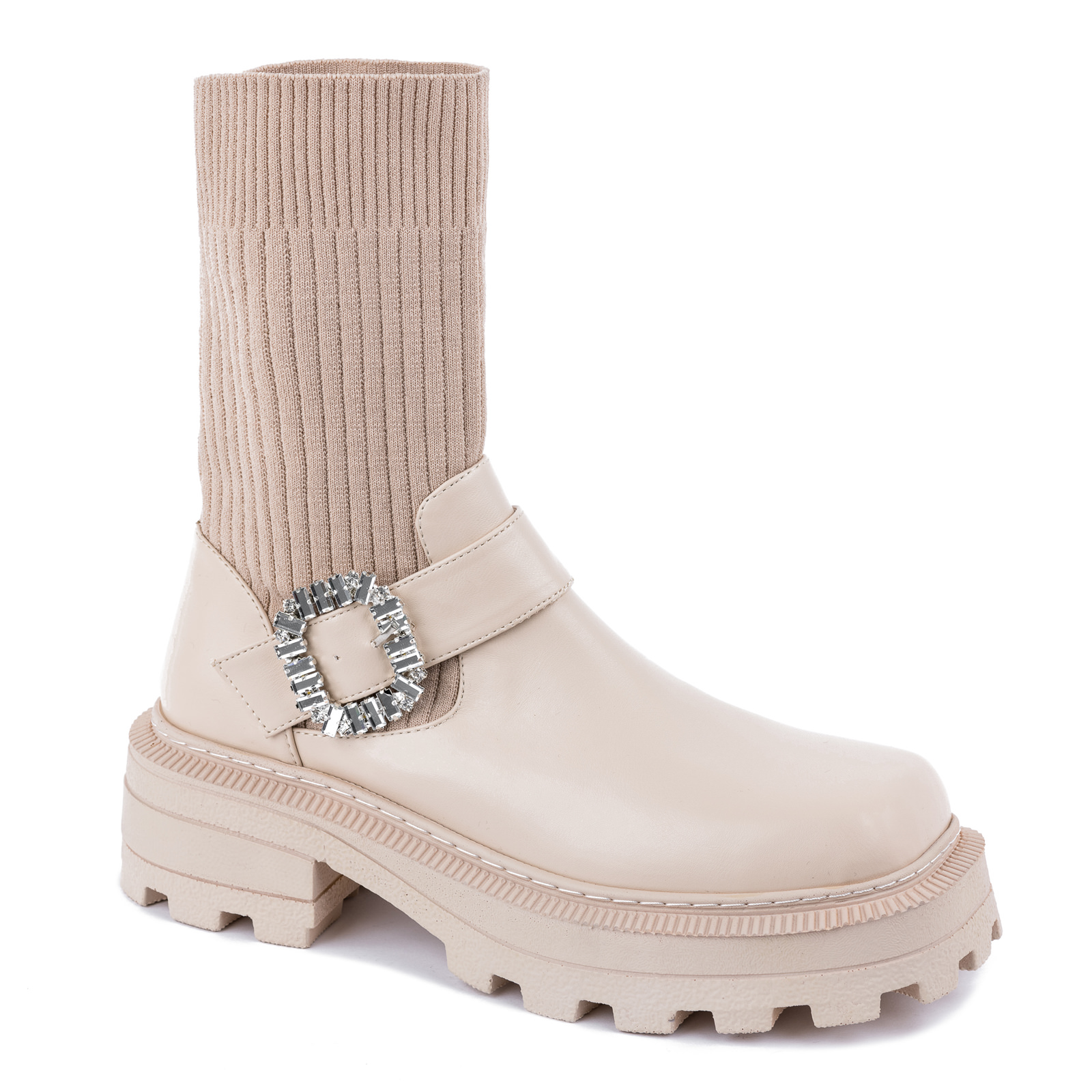 STRETCH ANKLE BOOTS WITH BROOCH - BEIGE