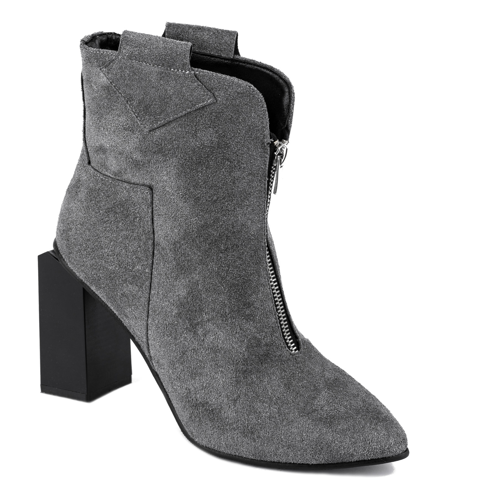 VELOUR POINTED ANKLE BOOTS WITH ZIPPER AND THICK HEEL - GRAY