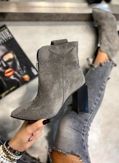 VELOUR POINTED ANKLE BOOTS WITH ZIPPER AND THICK HEEL - GRAY