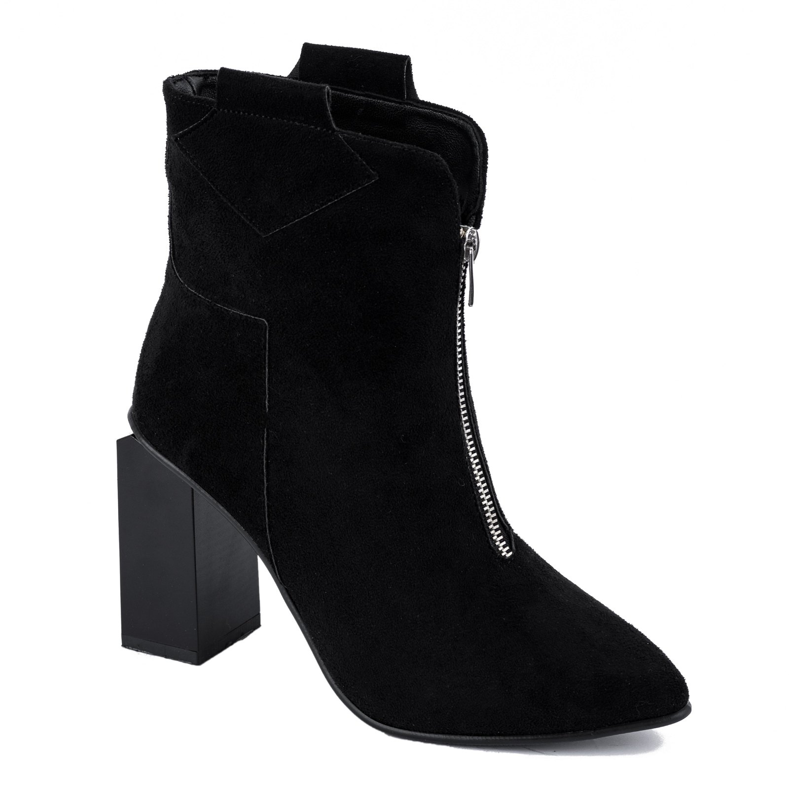 VELOUR POINTED ANKLE BOOTS WITH ZIPPER AND THICK HEEL - BLACK
