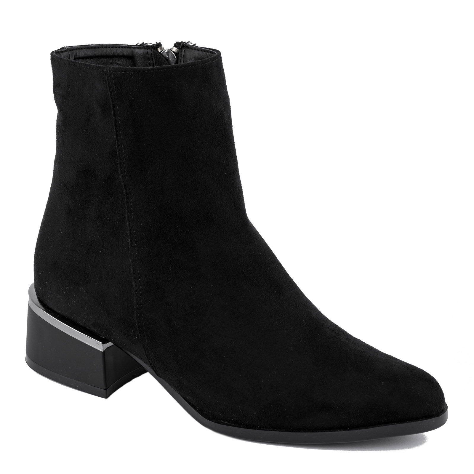 VELOUR ANKLE BOOTS WITH LOW BLOCK HEEL - BLACK