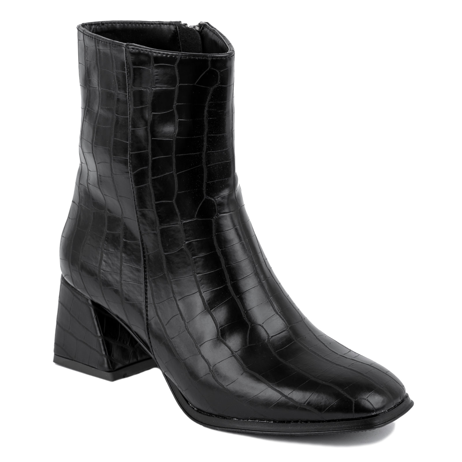 CROC ANKLE BOOTS WITH BLOCK HEEL - BLACK