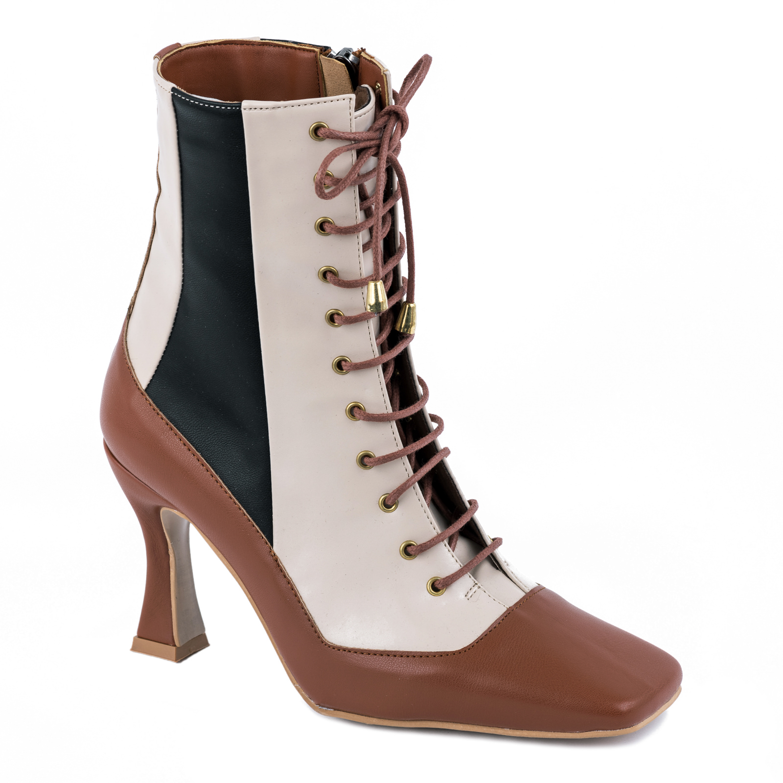 LACE UP ANKLE BOOTS WITH THIN HEEL - CAMEL/BEIGE/BLACK