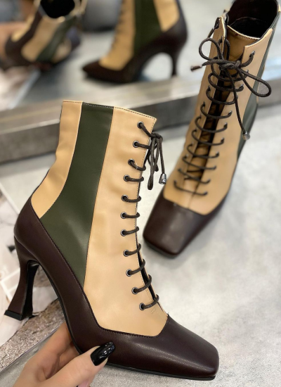 LACE UP ANKLE BOOTS WITH THIN HEEL -  BLACK/BEIGE/GREEN