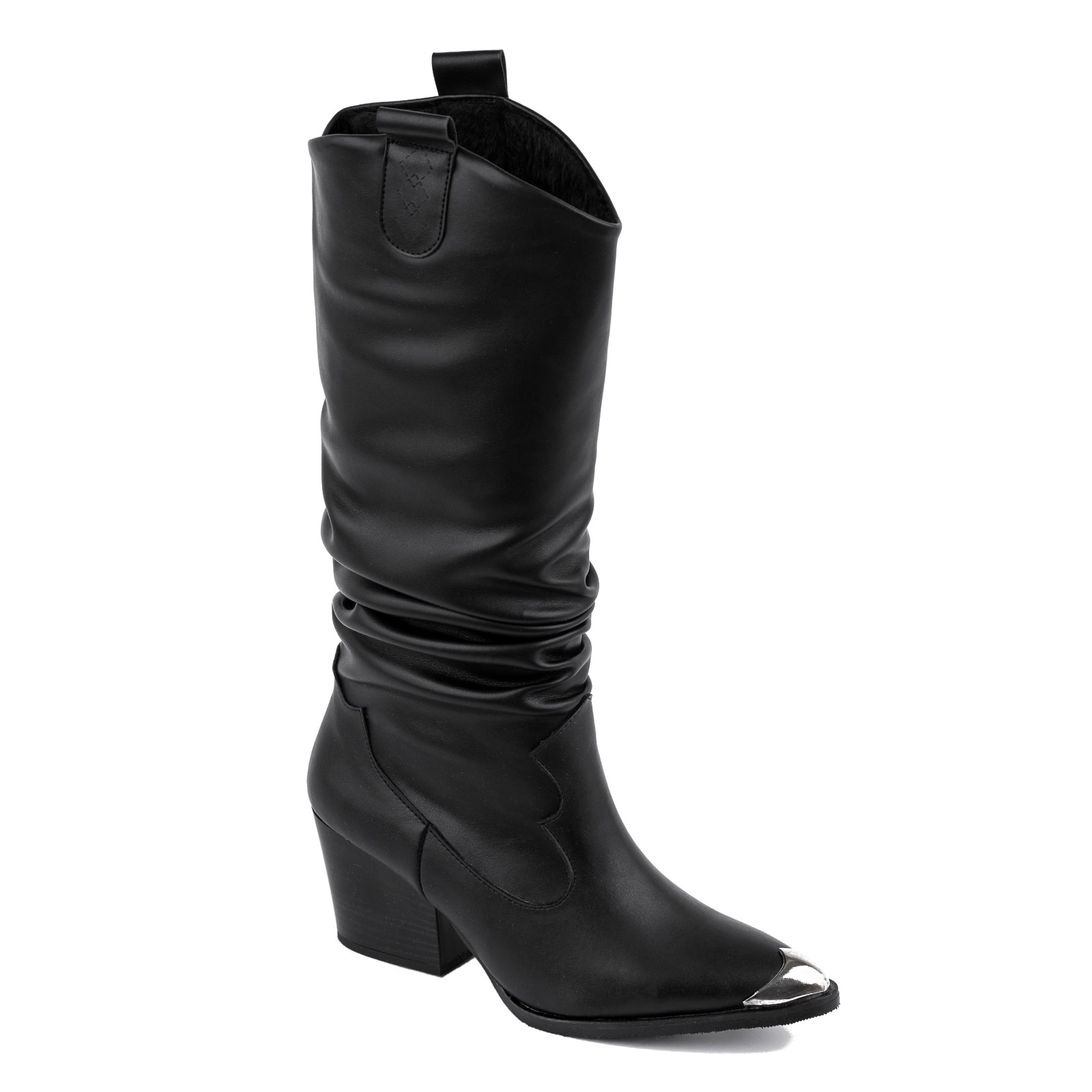 POINTED WRINKLED HIGH COWGIRL BOOTS WITH BLOCK HEEL - BLACK