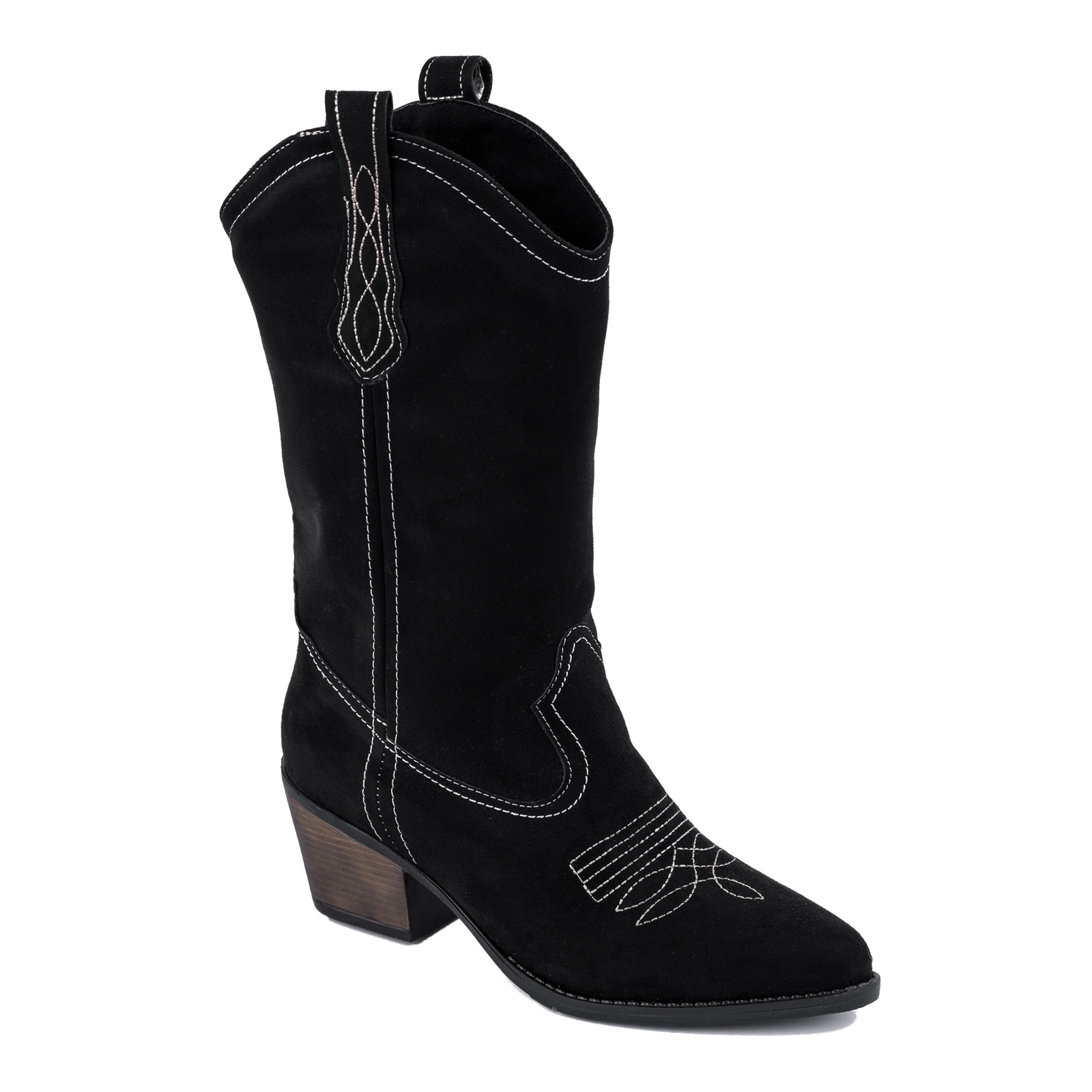 COW GIRL BOOTS WITH EMBRODERY AND BLOCK HEEL - BLACK