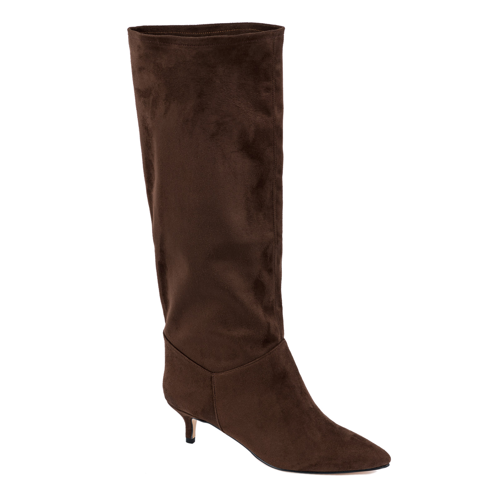 VELOUR POINTED HIGH BOOTS WITH THIN HEEL - BROWN