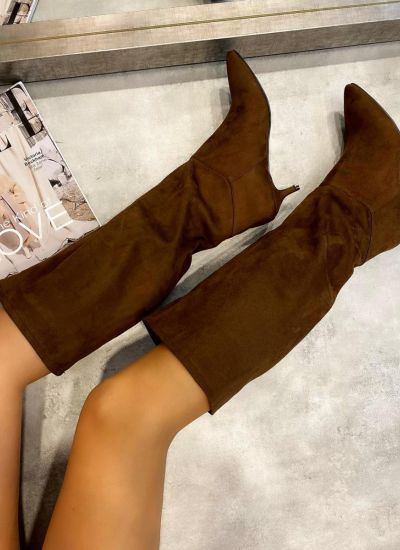 VELOUR POINTED HIGH BOOTS WITH THIN HEEL - BROWN