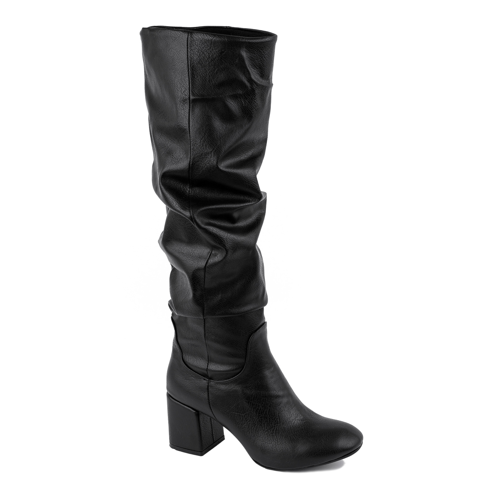 HIGH WRINKLED BOOTS WITH BLOCK HEEL - BLACK