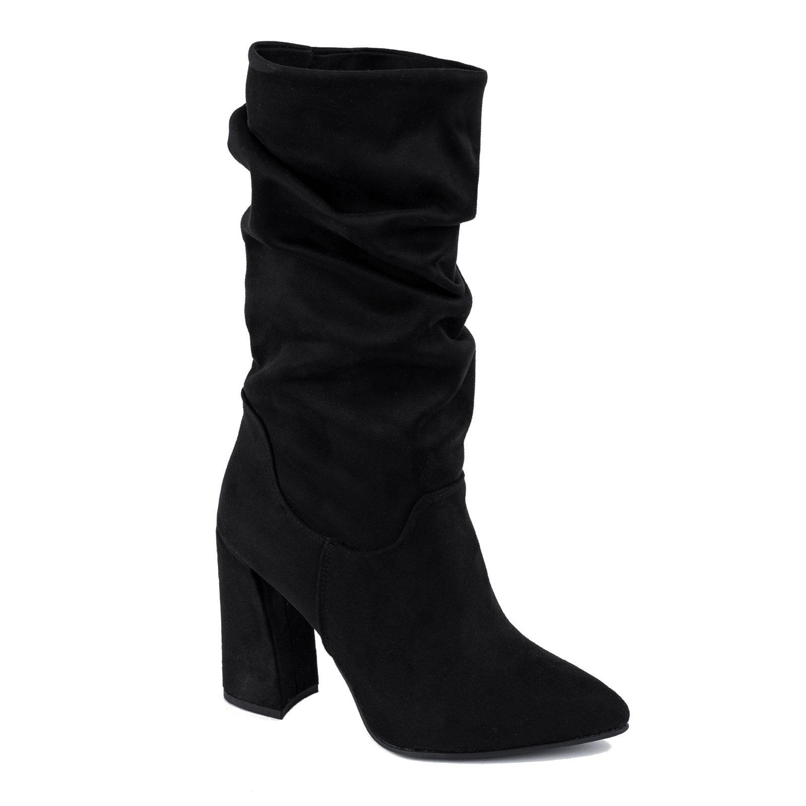 VELOUR WRINKLED ANKLE BOOTS WITH BLOCK HEEL - BLACK