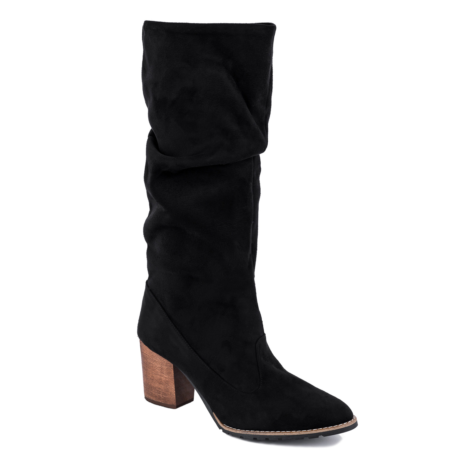 VELOUR WRINKLED ANKLE BOOTS WITH BLOCK HEEL - BLACK