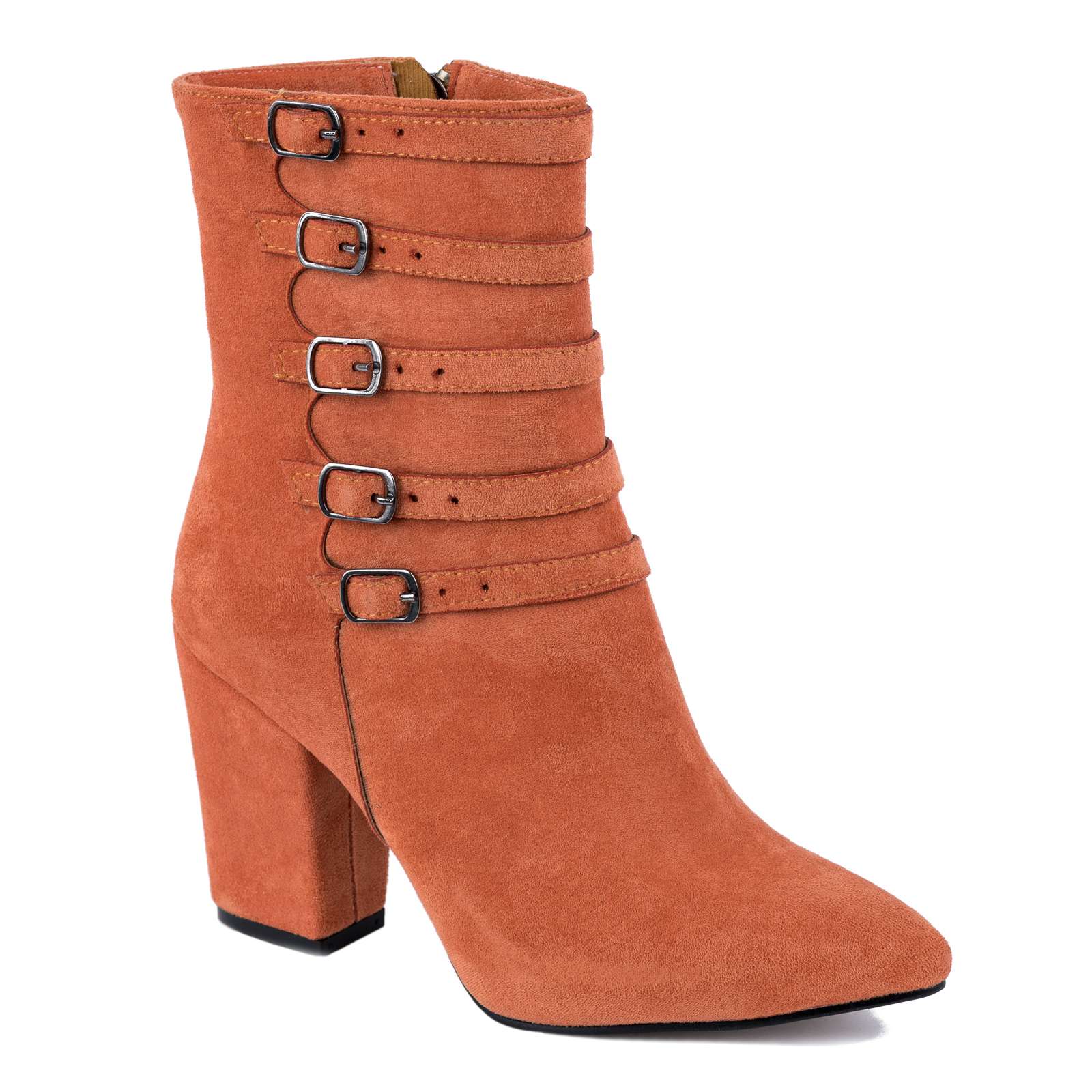 VELOUR ANKLE BOOTS WITH BELTS AND BLOCK HEEL - ORANGE