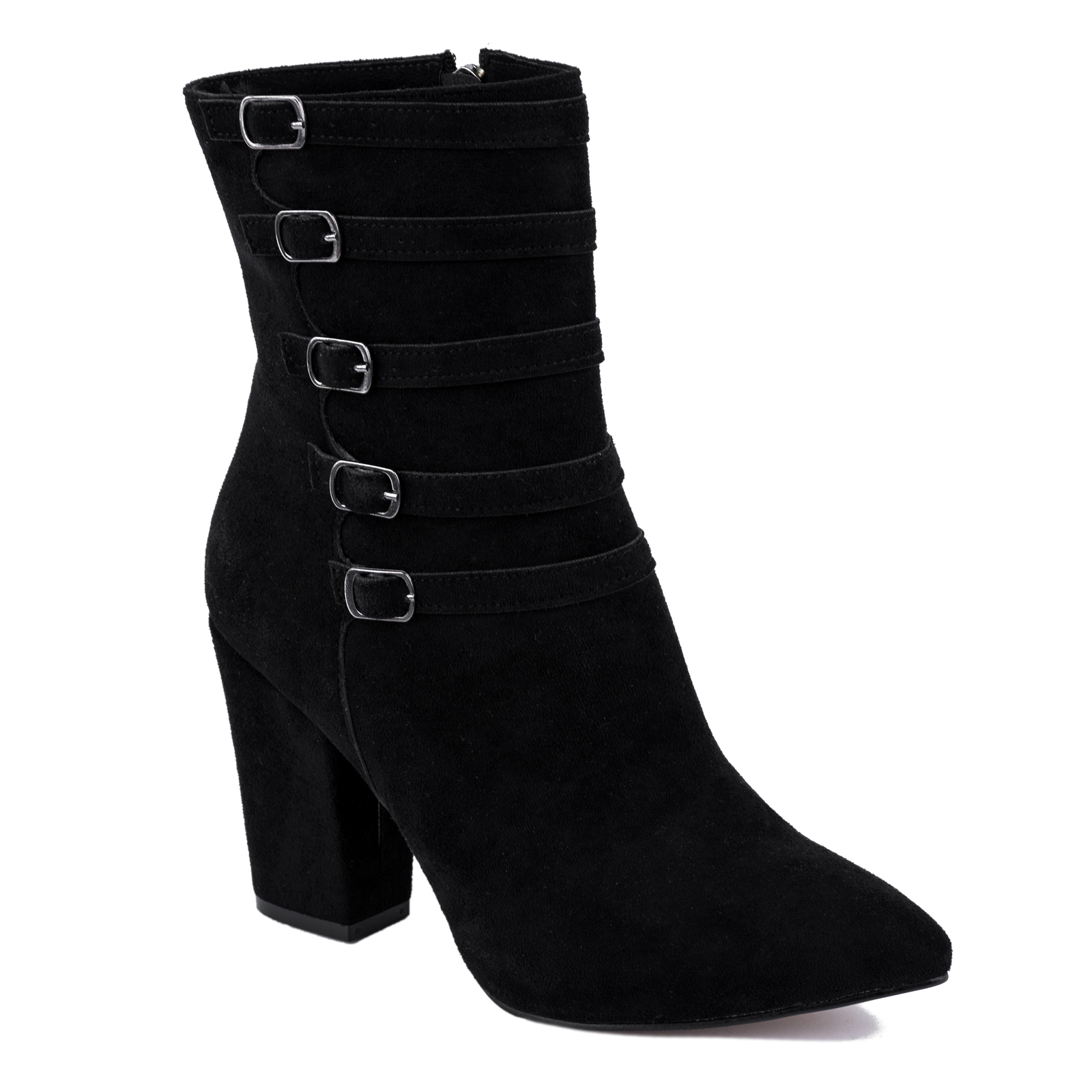 VELOUR ANKLE BOOTS WITH BELTS AND BLOCK HEEL - BLACK