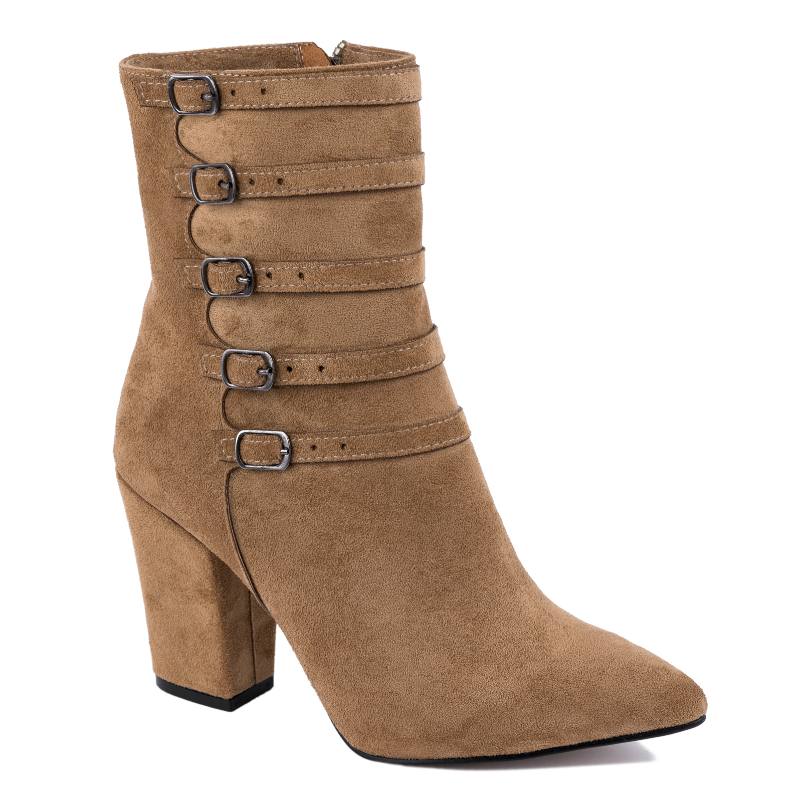 VELOUR ANKLE BOOTS WITH BELTS AND BLOCK HEEL - BEIGE