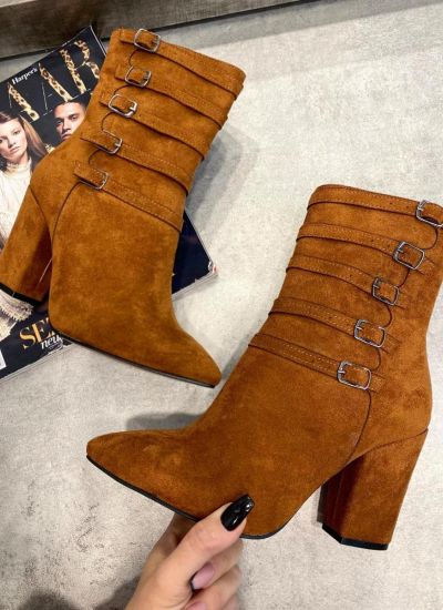 VELOUR ANKLE BOOTS WITH BELTS AND BLOCK HEEL - CAMEL
