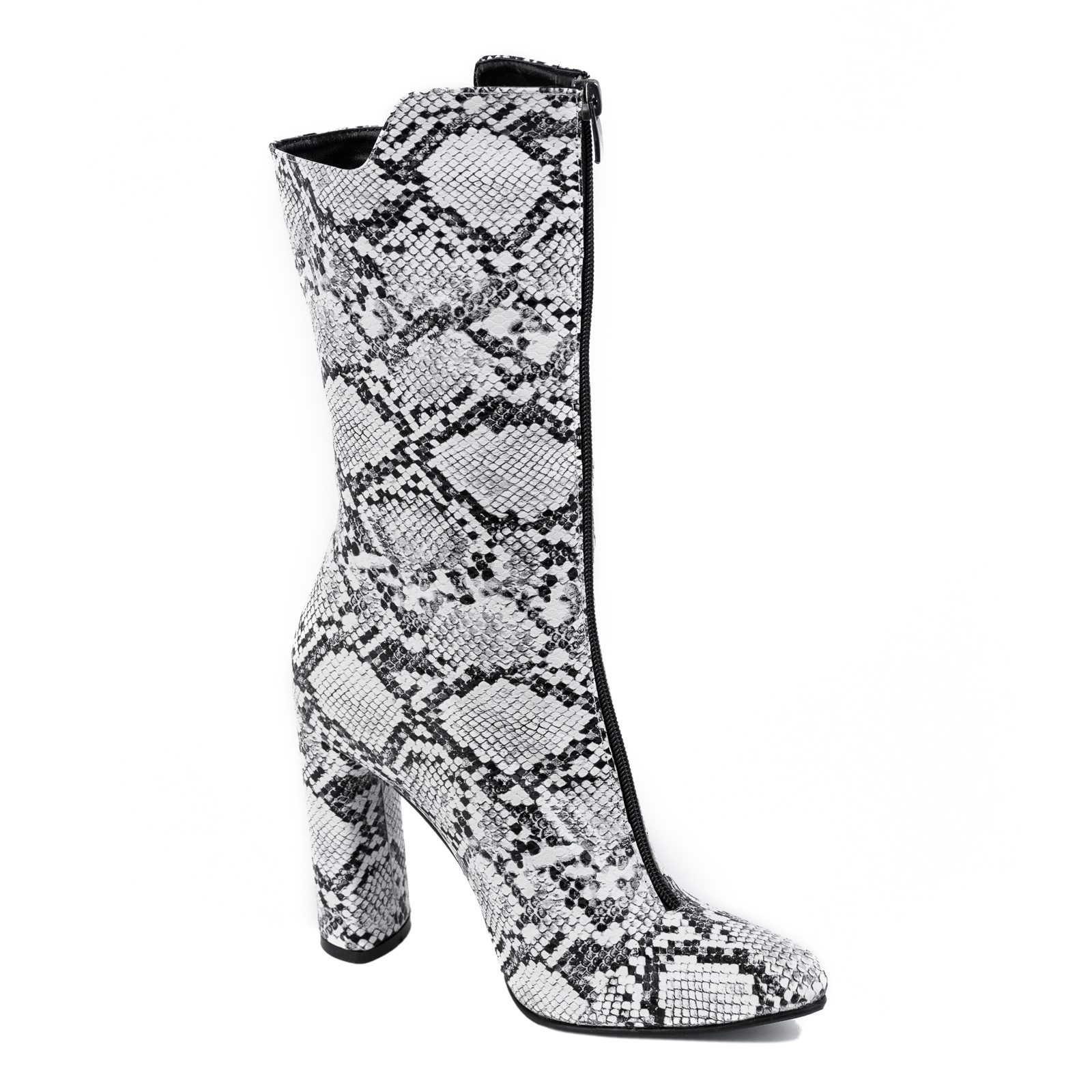 SNAKE BOOTS WITH ZIPPER AND BLOCK HEEL - WHITE/BLACK