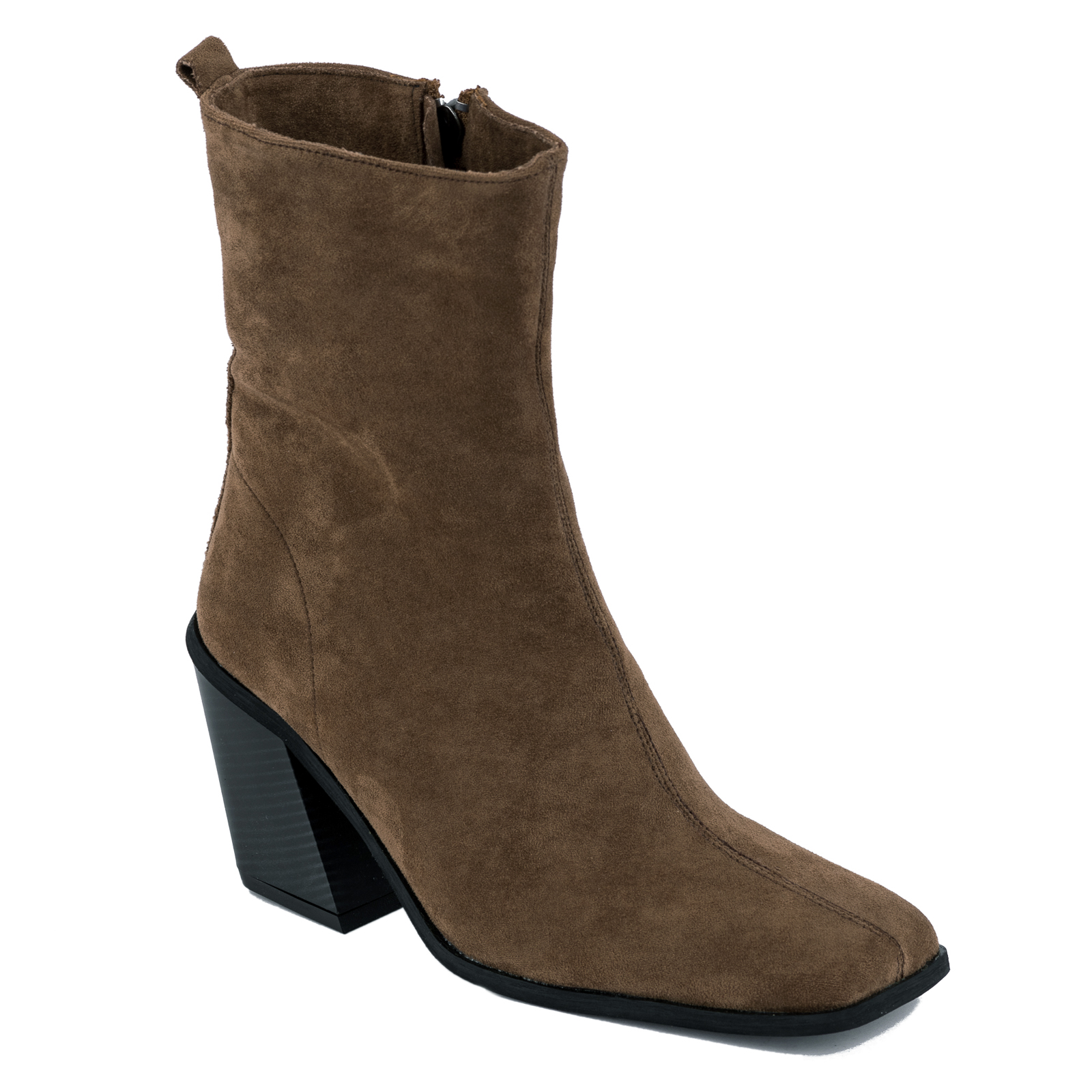 VELOUR ANKLE BOOTS WITH BLOCK HEEL - BROWN
