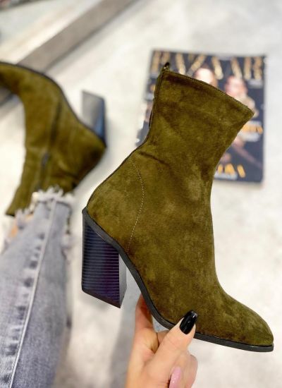 VELOUR ANKLE BOOTS WITH BLOCK HEEL - OLIVE