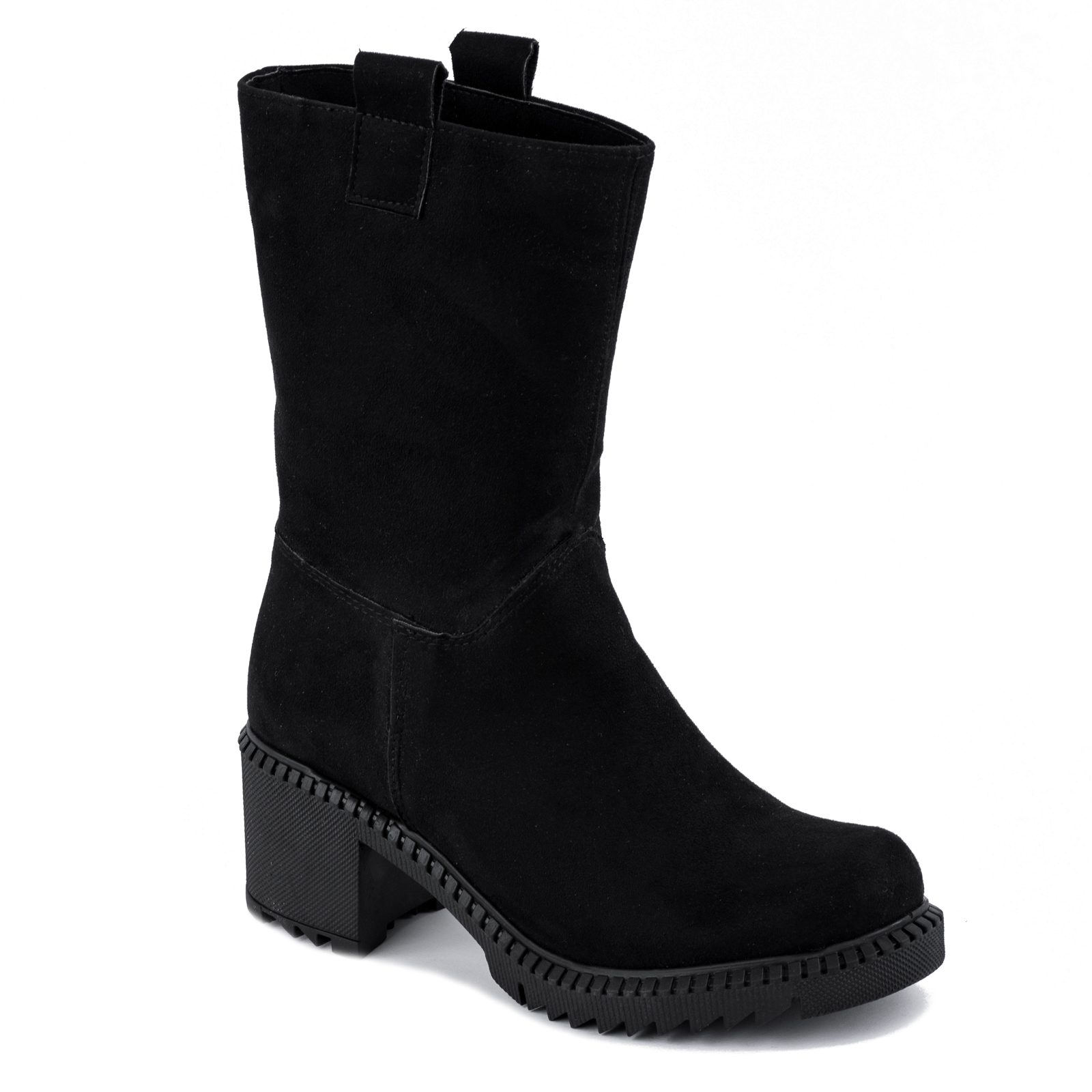 VELOUR ANKLE BOOTS WITH BLACK SOLE AND BLOCK HEEL - BLACK