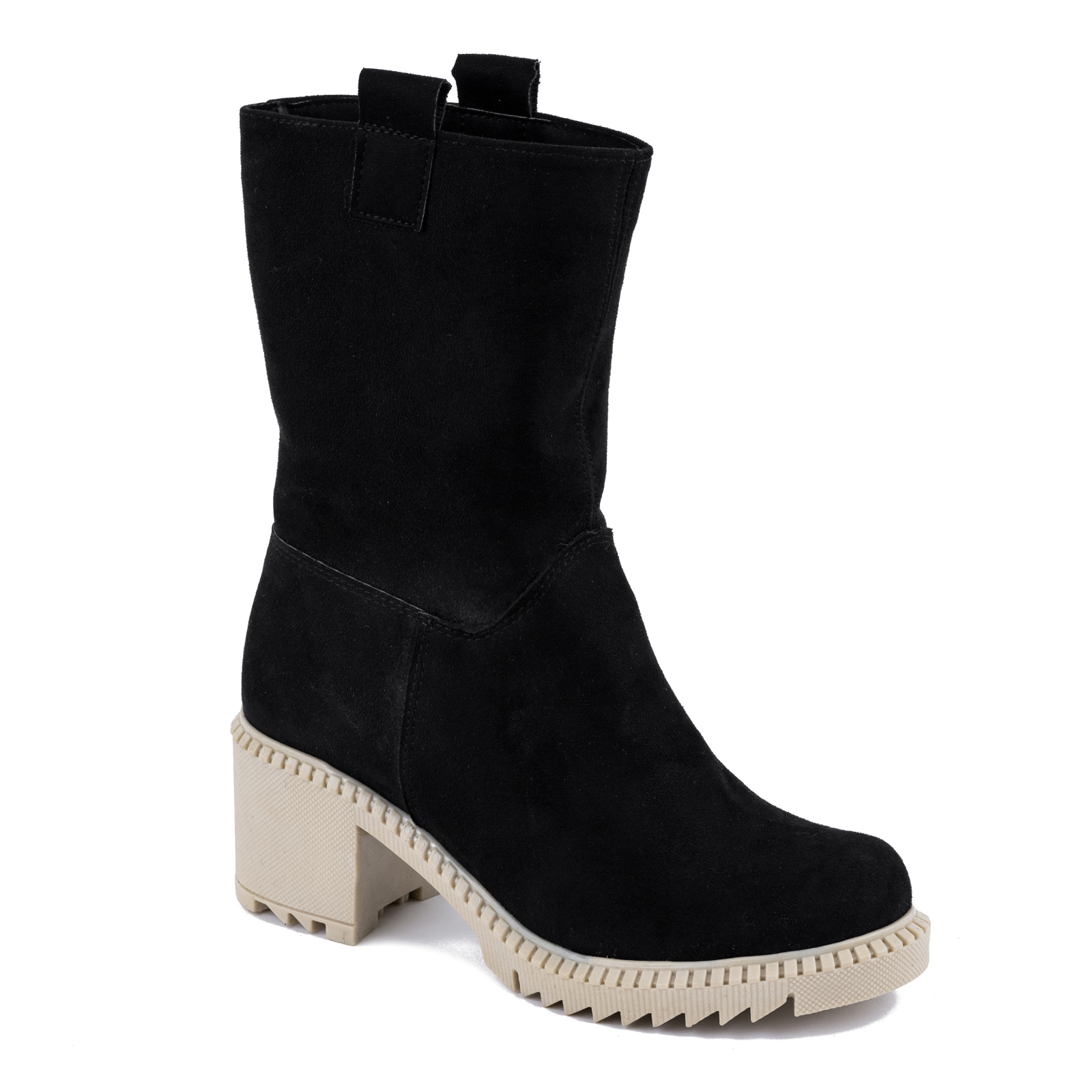 VELOUR ANKLE BOOTS WITH WHITE SOLE AND BLOCK HEEL - BLACK
