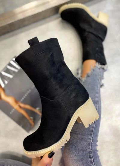 VELOUR ANKLE BOOTS WITH WHITE SOLE AND BLOCK HEEL - BLACK