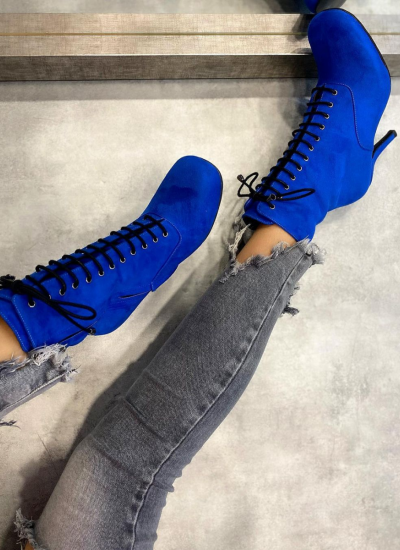 VELOUR ANKLE BOOTS LACE UP WITH THIN HEEL - ROYAL BLUE