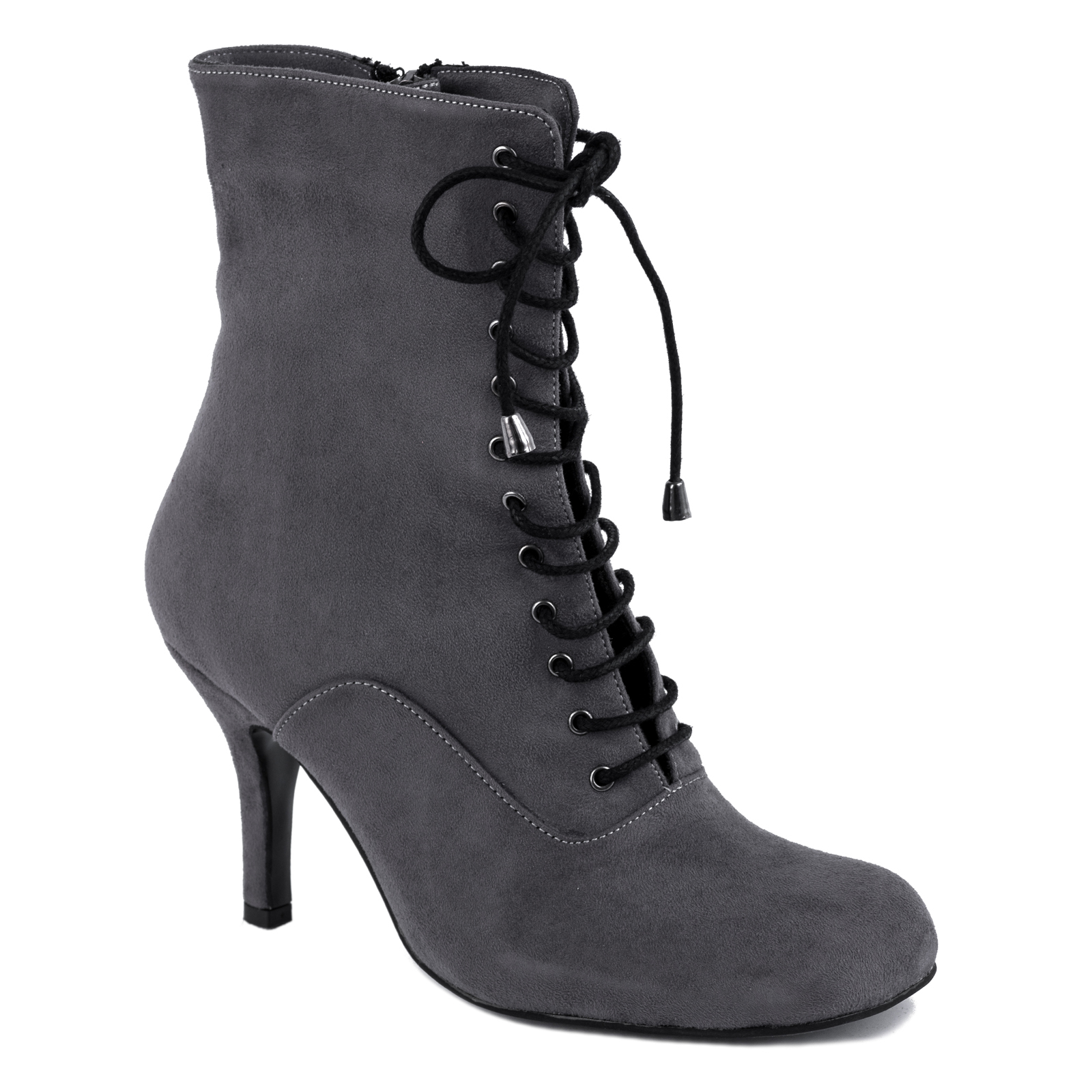 VELOUR LACE UP ANKLE BOOTS WITH THIN HEEL - GRAY