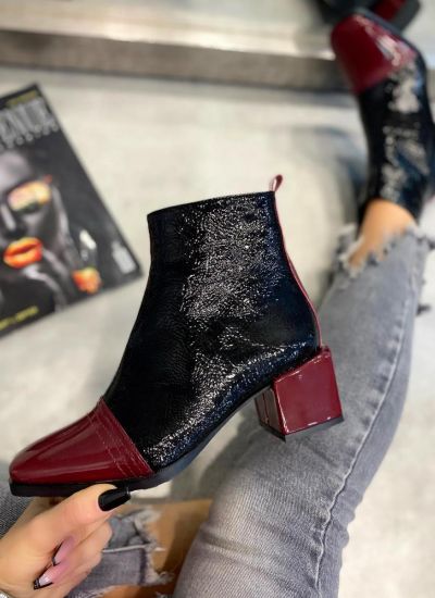 PATENT ANKLE BOOTS WITH MAROON HEEL - BLACK