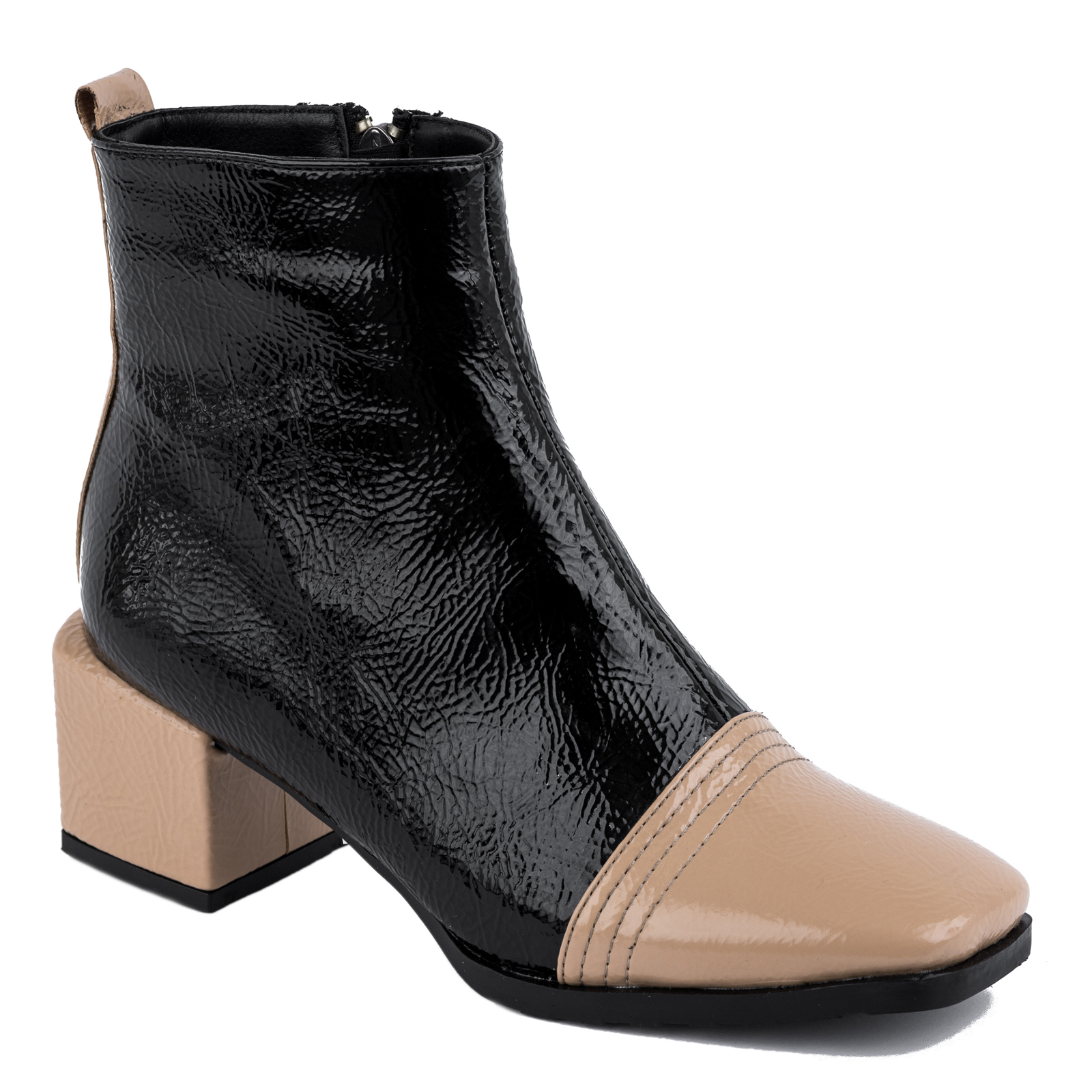 PATENT ANKLE BOOTS WITH BEIGE HEEL - BLACK