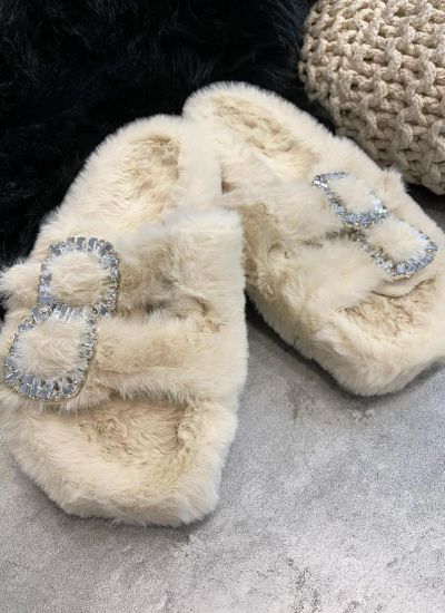 FLUFFY SLIPPERS WITH ZIRCONS - BEIGE