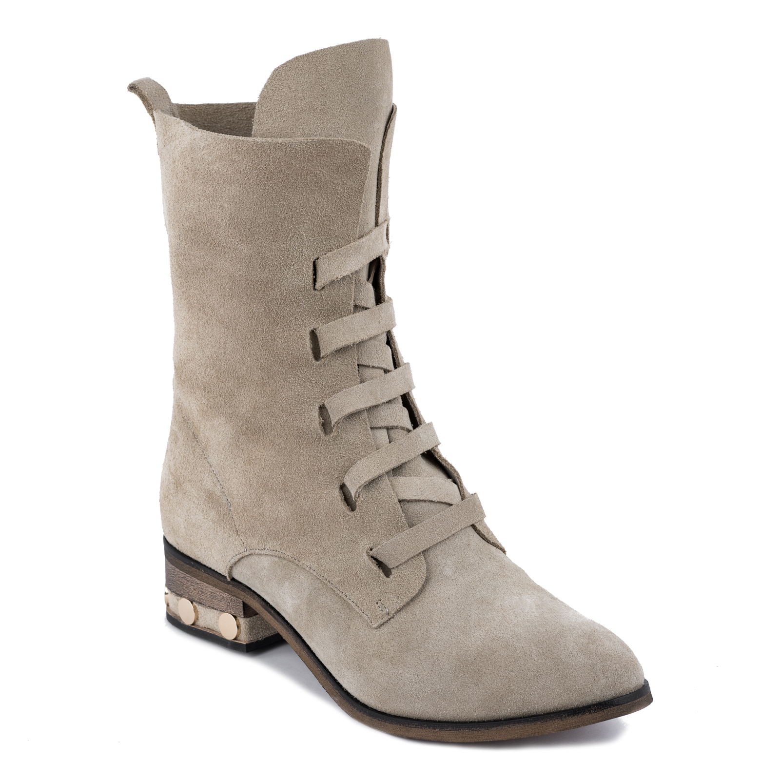 LACE UP LEATHER ANKLE BOOTS WITH RIVETS - BEIGE