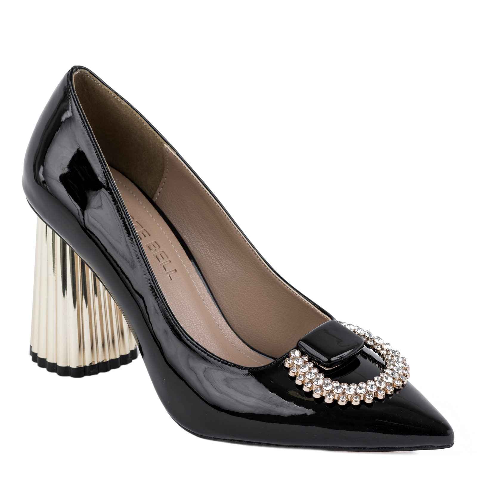 PATENT STILETTO SHOES WITH BROOCH AND BLOCK GOLDEN HEEL - BLACK