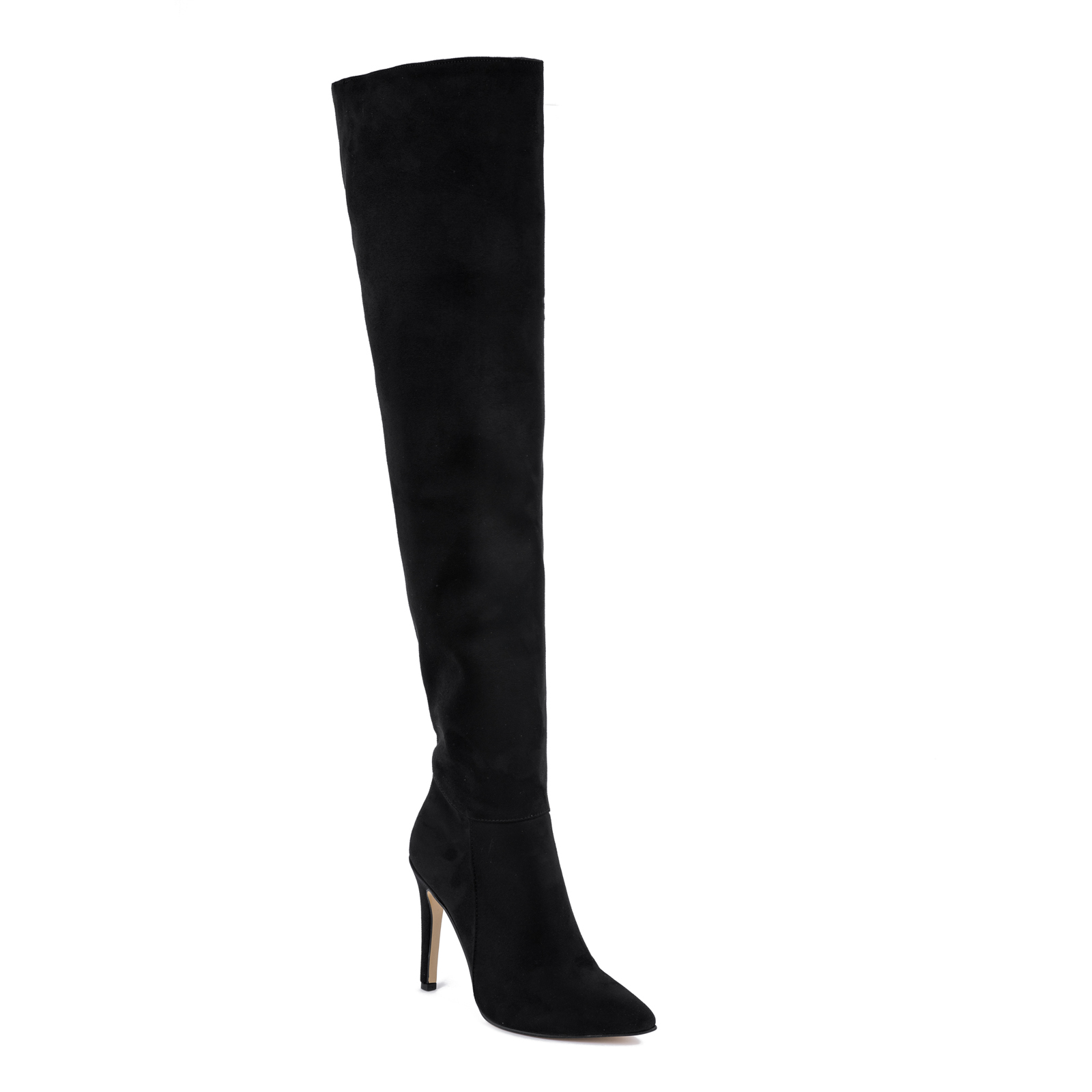 VELOUR HIGH BOOTS WITH THIN HEEL - BLACK