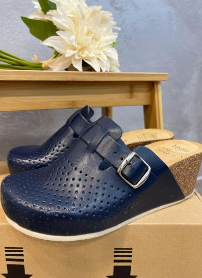 ANATOMIC LEATHER CLOGS WITH BELT AND HIGH SOLE  VESNA - NAVY BLUE