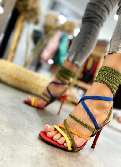 THIN HEEL LACE UP SANDALS - RED/OLIVE/BLUE
