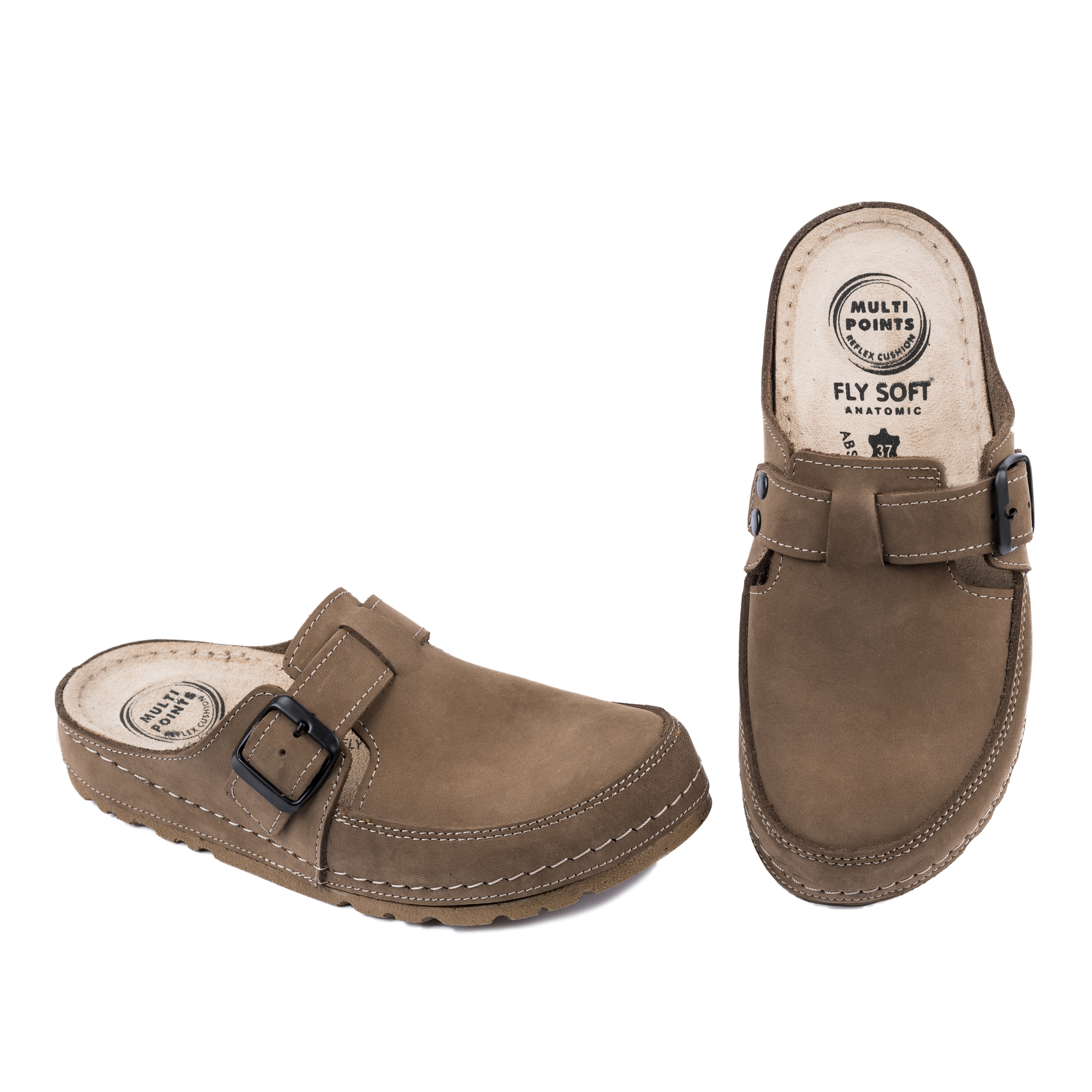 LEATHER CLOGS WITH BELT - BROWN