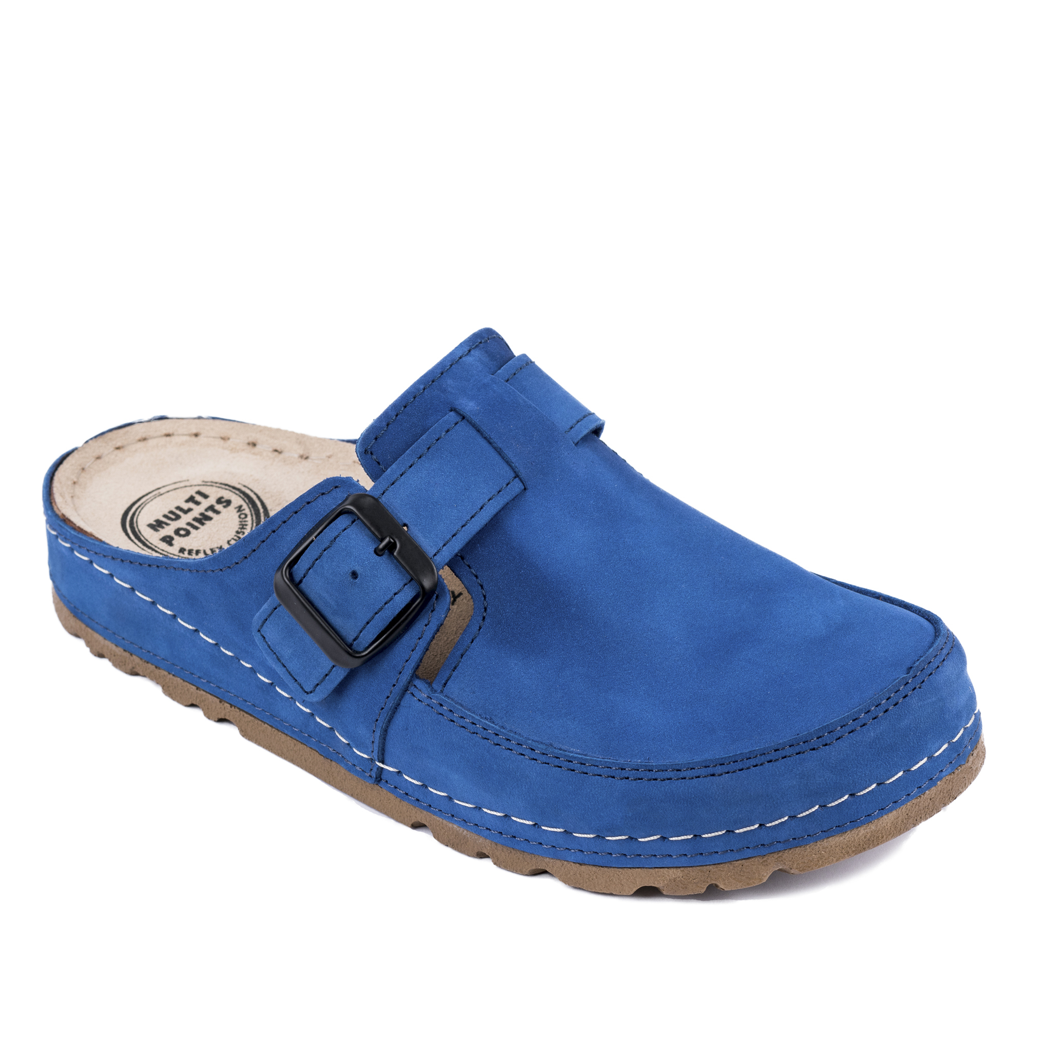 LEATHER CLOGS WITH BELT - BLUE