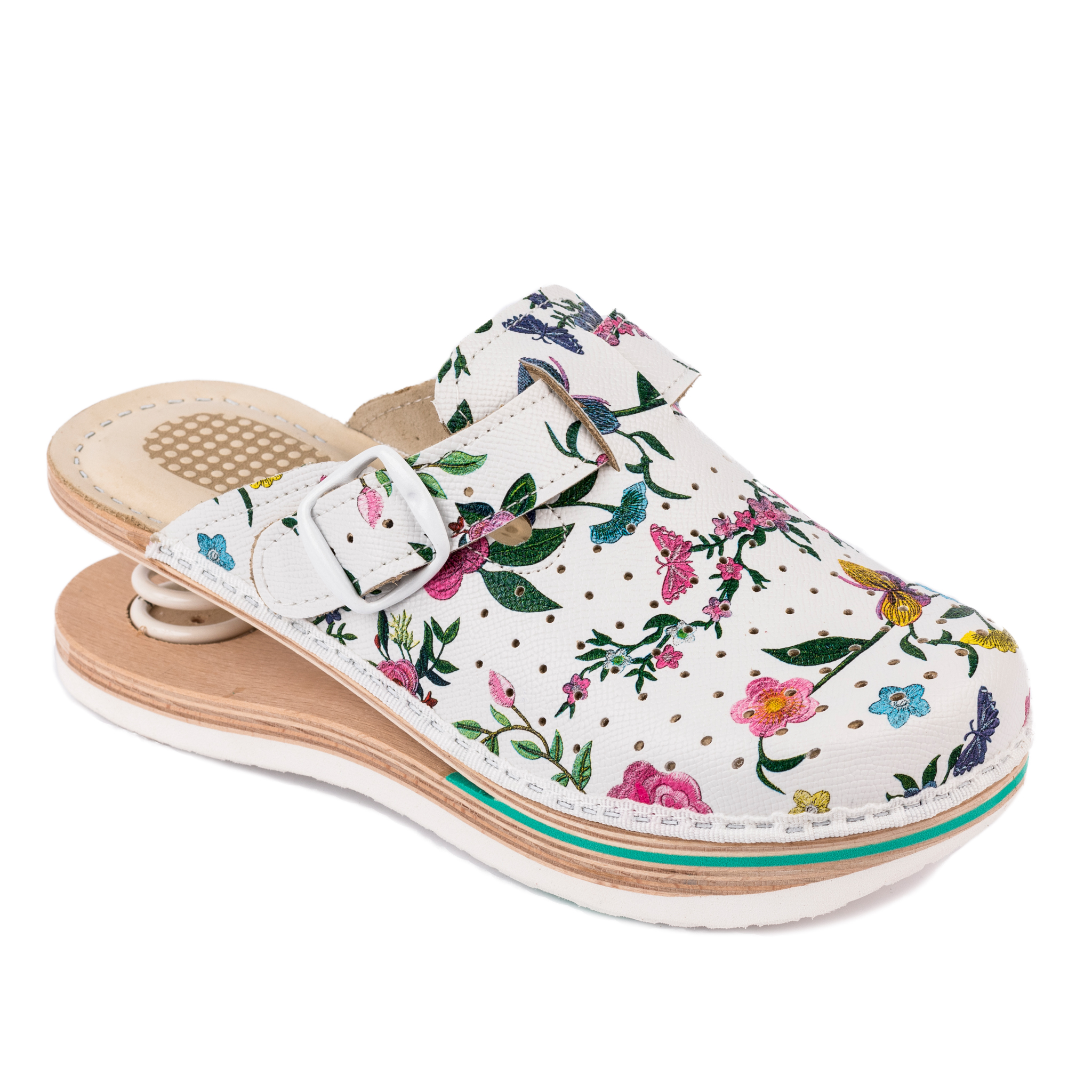 FLOWER PRINT LEATHER CLOGS WITH SPINGS 