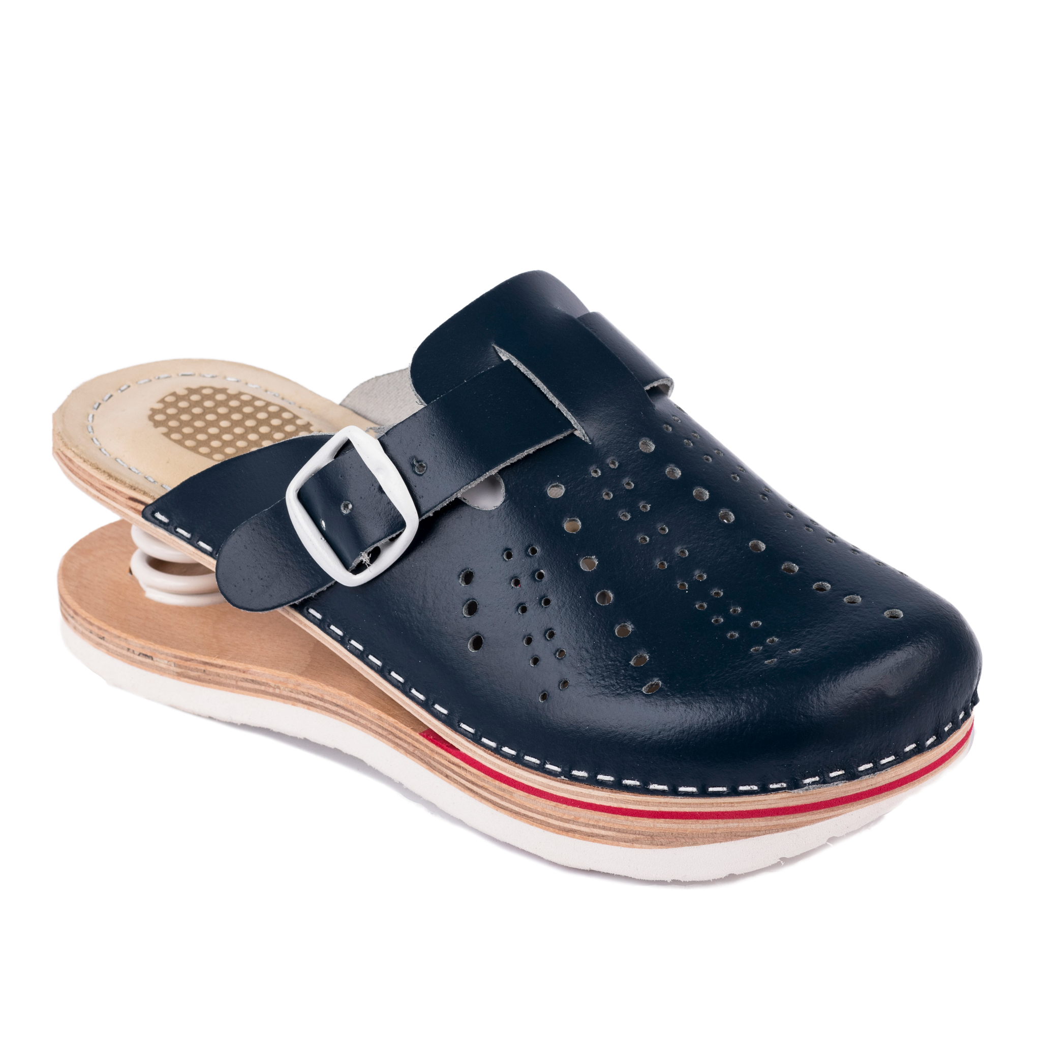 LEATHER CLOGS WITH SPINGS AND BELT - NAVY BLUE