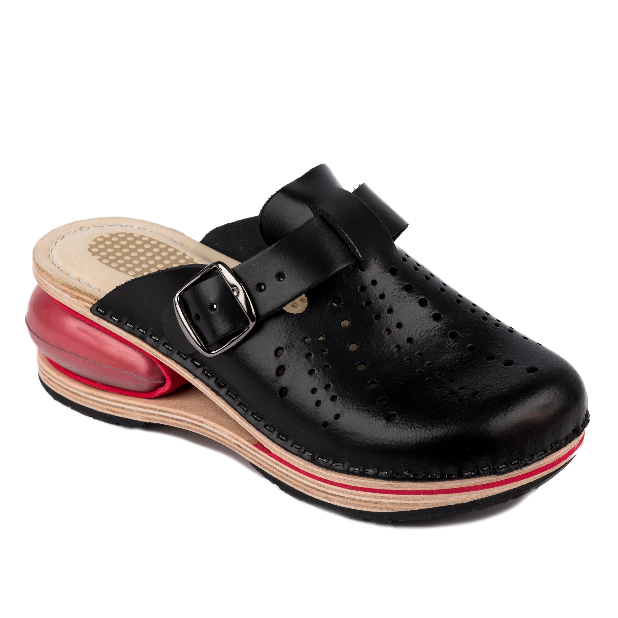 AIR LEATHER CLOGS WITH BELT - BLACK
