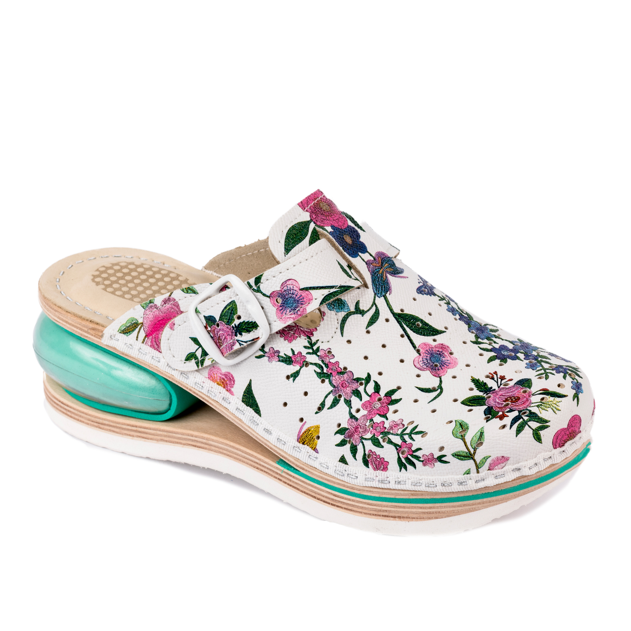 AIR LEATHER CLOGS WITH BELT FLOWER PRINT