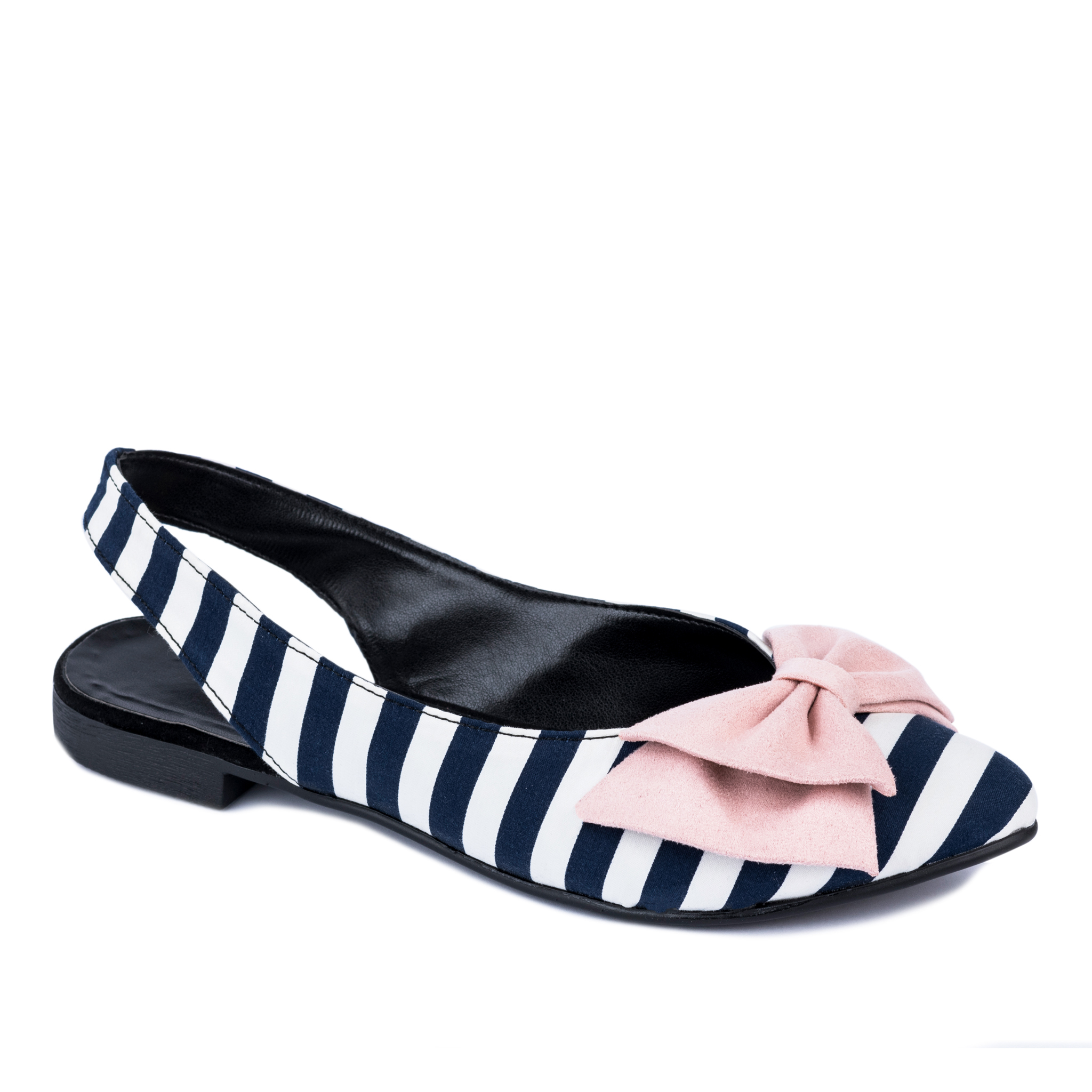 FLATS WITH STRAPS AND ROSE BOW - NAVY BLUE/WHITE