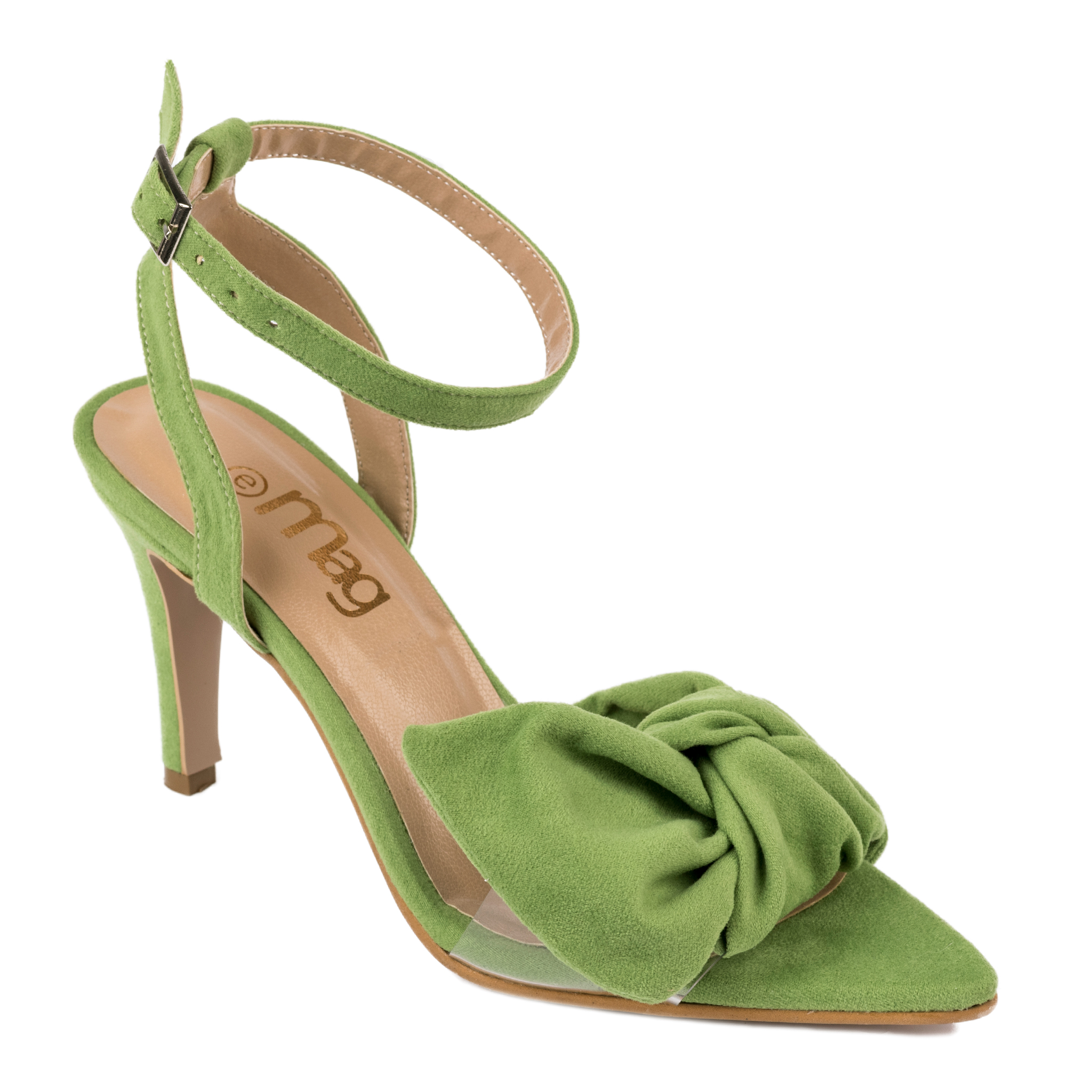 VELOUR SPIKE SANDALS THIN HEEL WITH BOW - GREEN