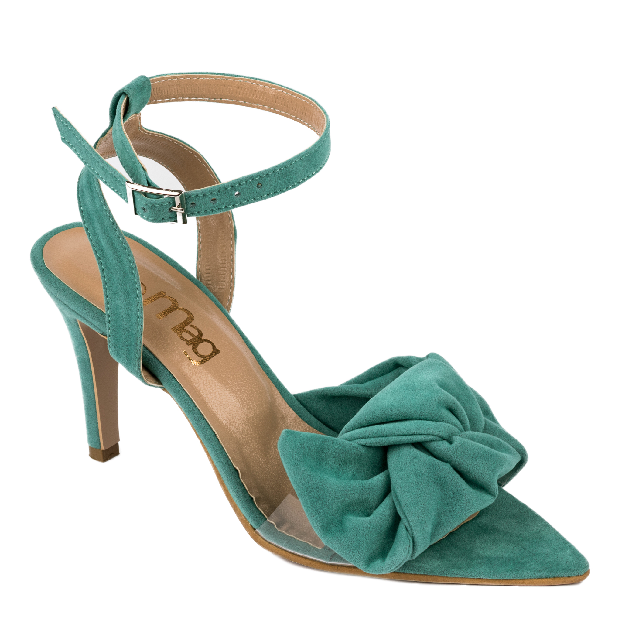 VELOUR SPIKE SANDALS THIN HEEL WITH BOW - MINT