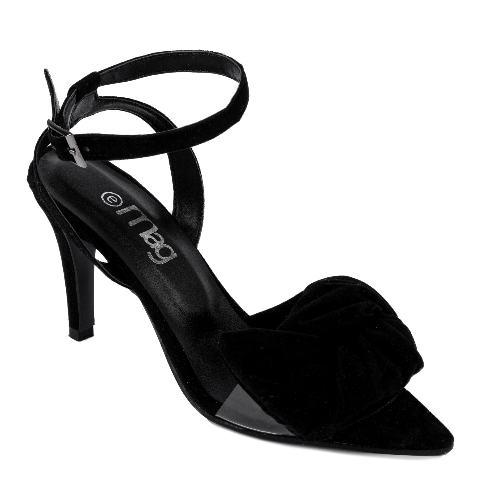 VELOUR SPIKE SANDALS THIN HEEL WITH BOW - BLACK