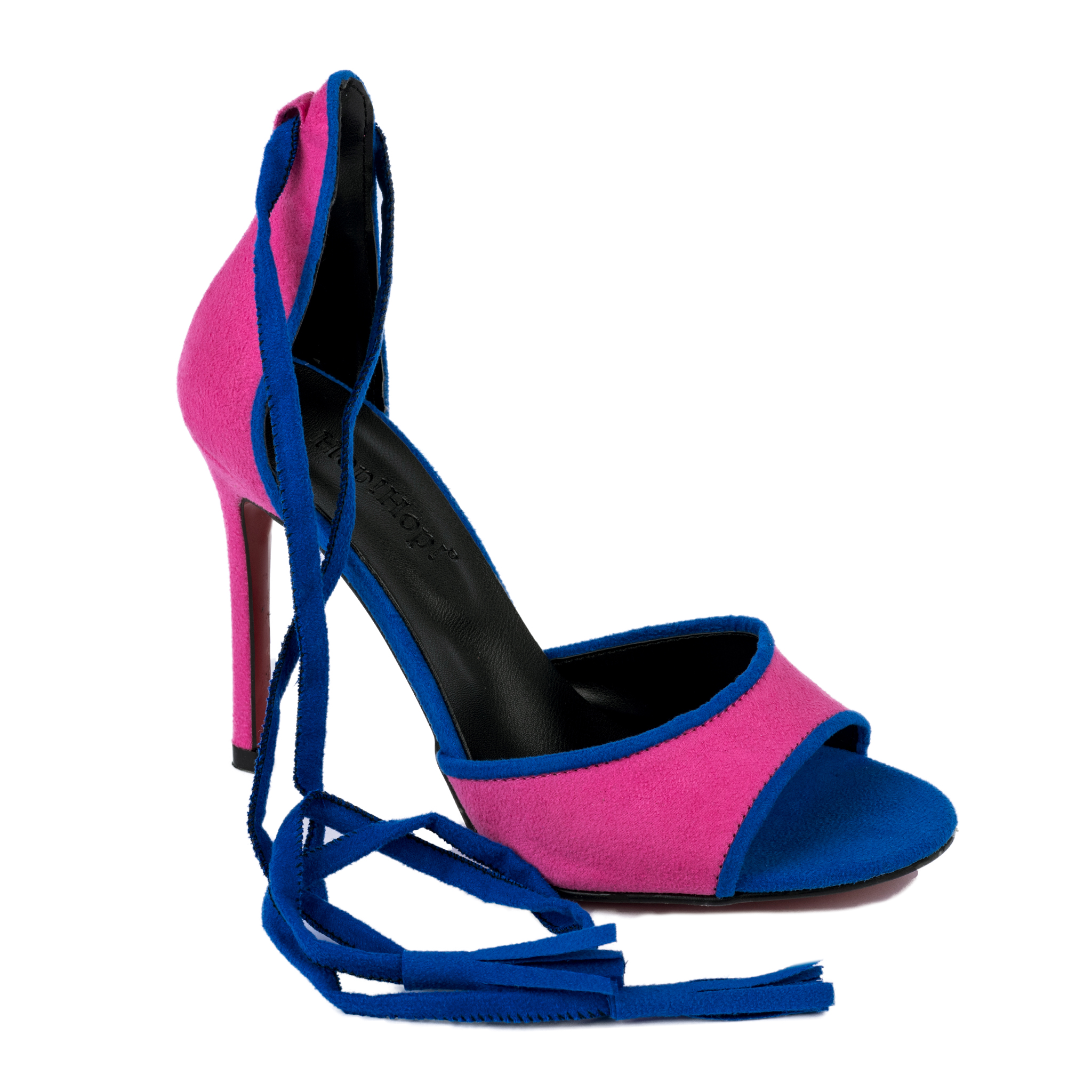 VELOUR LACE UP THIN HEEL SANDALS - PINK/BLUE