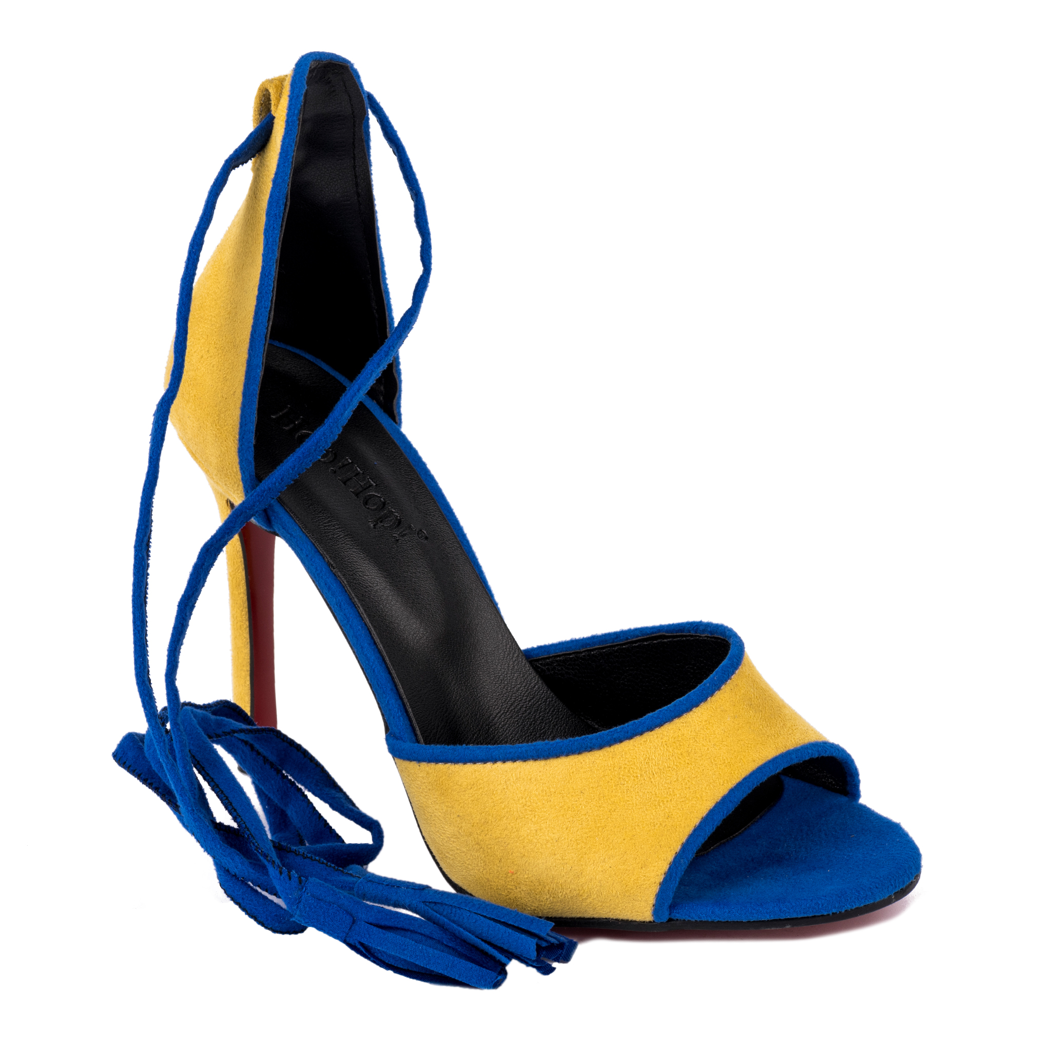 VELOUR LACE UP THIN HEEL SANDALS - YELLOW/BLUE