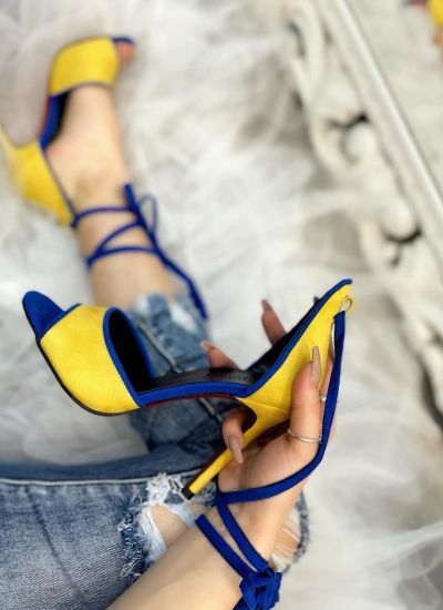 VELOUR LACE UP THIN HEEL SANDALS - YELLOW/BLUE