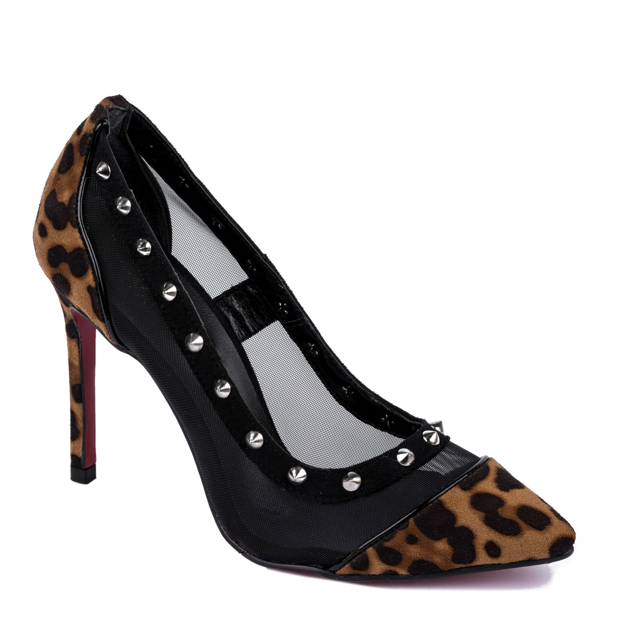 LEOPARD PRINT STILETTO THIN HELL SHOES WITH RIVETS - BLACK